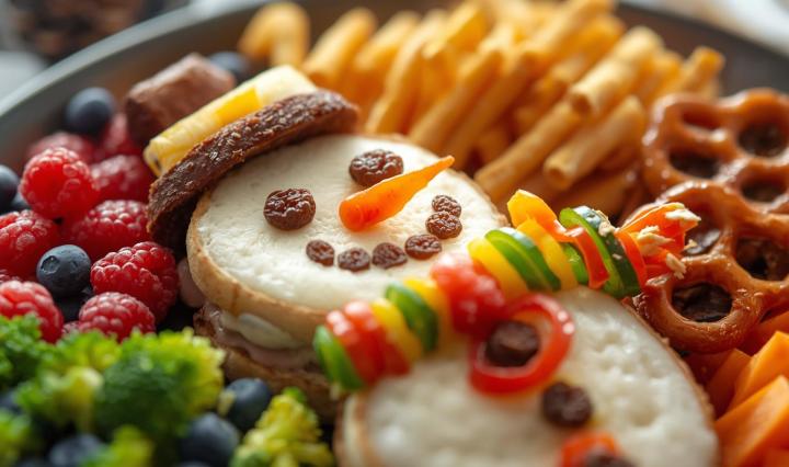 DIY snowman sandwich decorated with vegetables in a holiday lunchbox.