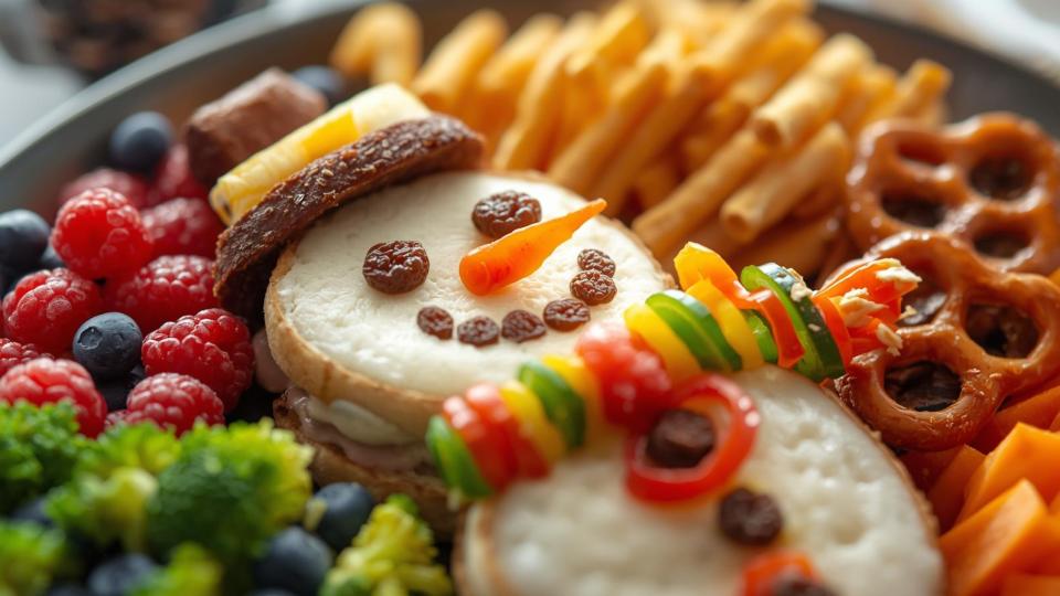 DIY snowman sandwich decorated with vegetables in a holiday lunchbox.