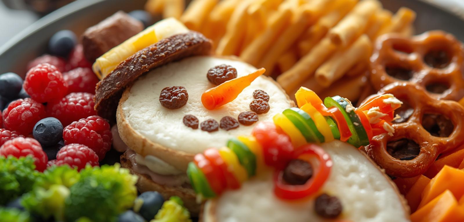 DIY snowman sandwich decorated with vegetables in a holiday lunchbox.