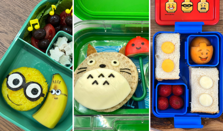 Family movie-inspired lunchboxes with Totoro rice, Minion banana, and Lego sandwiches.