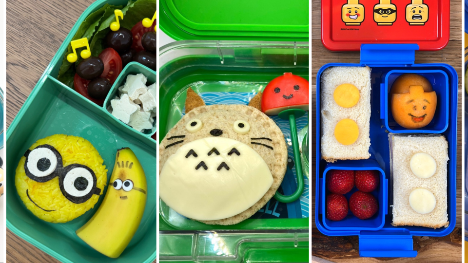 Family movie-inspired lunchboxes with Totoro rice, Minion banana, and Lego sandwiches.