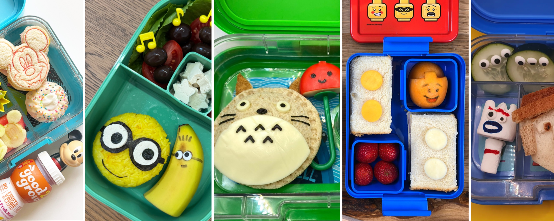 Family movie-inspired lunchboxes with Totoro rice, Minion banana, and Lego sandwiches.