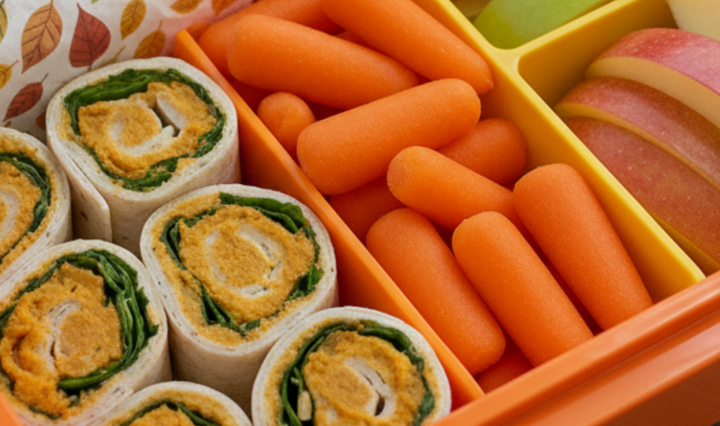 Pumpkin hummus wraps in a kids’ lunchbox with fall-inspired sides.