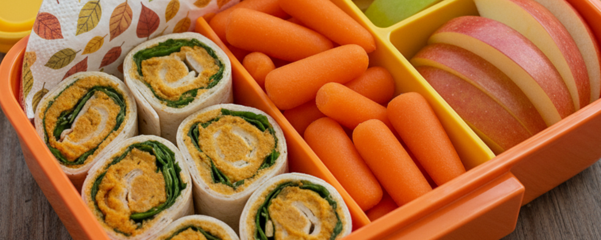 Pumpkin hummus wraps in a kids’ lunchbox with fall-inspired sides.