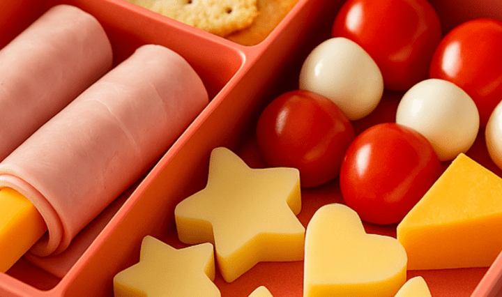 Colorful lunchbox with cheese roll-ups, mini skewers, and animal-shaped cheese slices arranged on a kitchen counter.