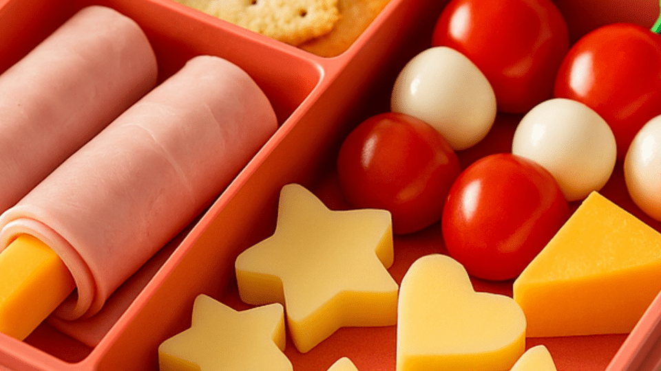 Colorful lunchbox with cheese roll-ups, mini skewers, and animal-shaped cheese slices arranged on a kitchen counter.