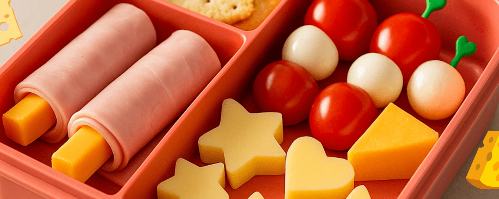 Colorful lunchbox with cheese roll-ups, mini skewers, and animal-shaped cheese slices arranged on a kitchen counter.