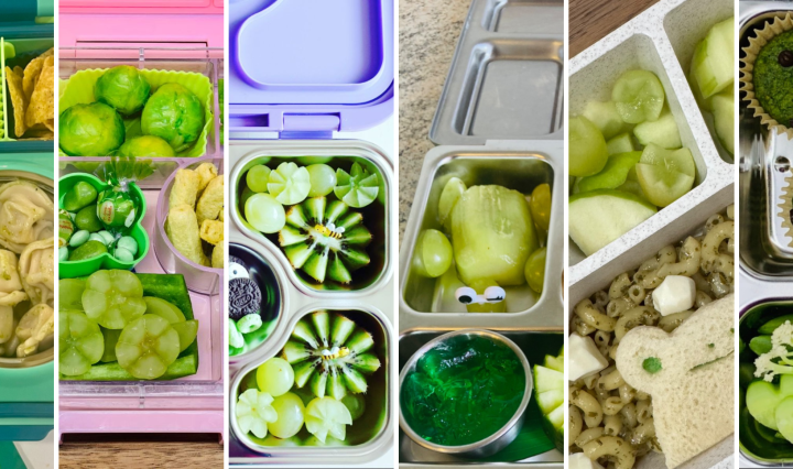 Colorful green-themed lunchboxes with kiwi, spinach wrap, cucumber slices in bright natural light.
