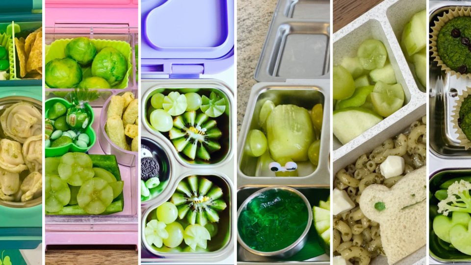 Colorful green-themed lunchboxes with kiwi, spinach wrap, cucumber slices in bright natural light.