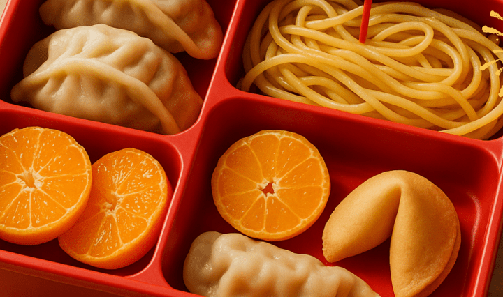 Colorful red-accented lunchbox with dumplings, noodles, and mandarin slices symbolizing Lunar New Year traditions.