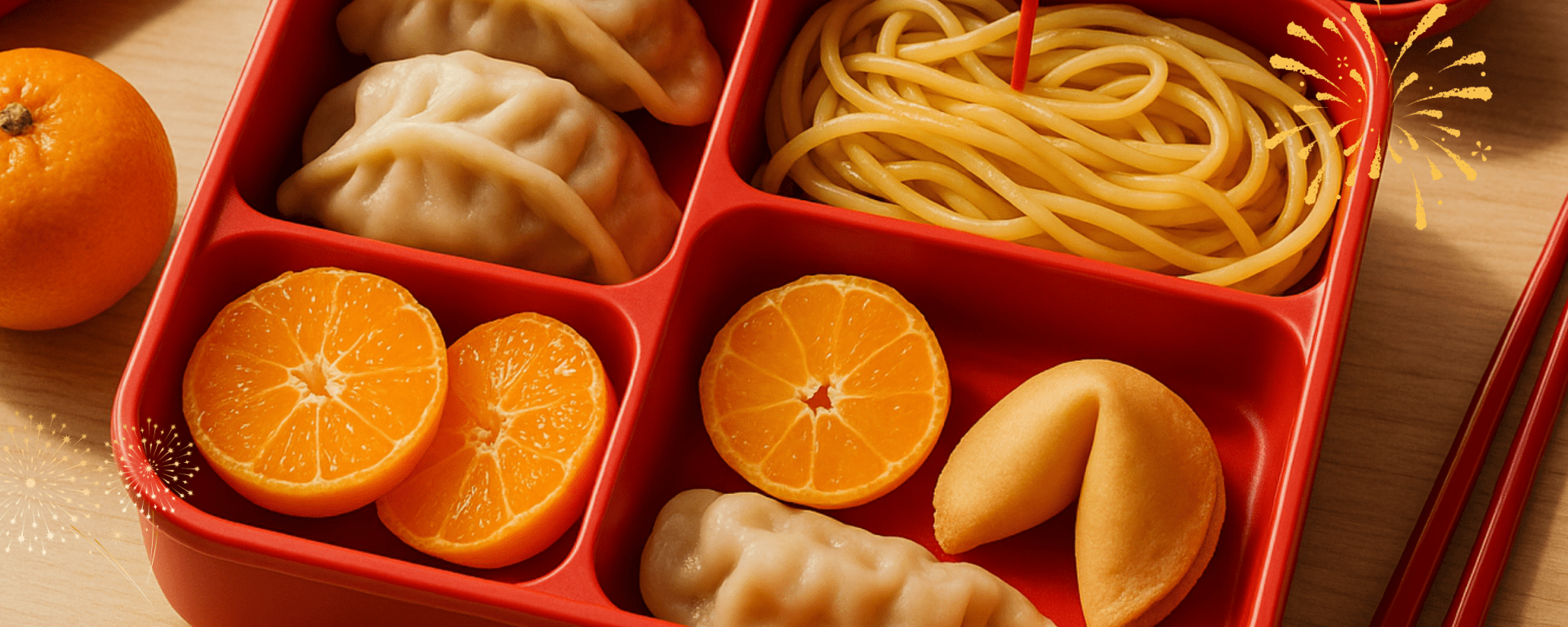 Colorful red-accented lunchbox with dumplings, noodles, and mandarin slices symbolizing Lunar New Year traditions.