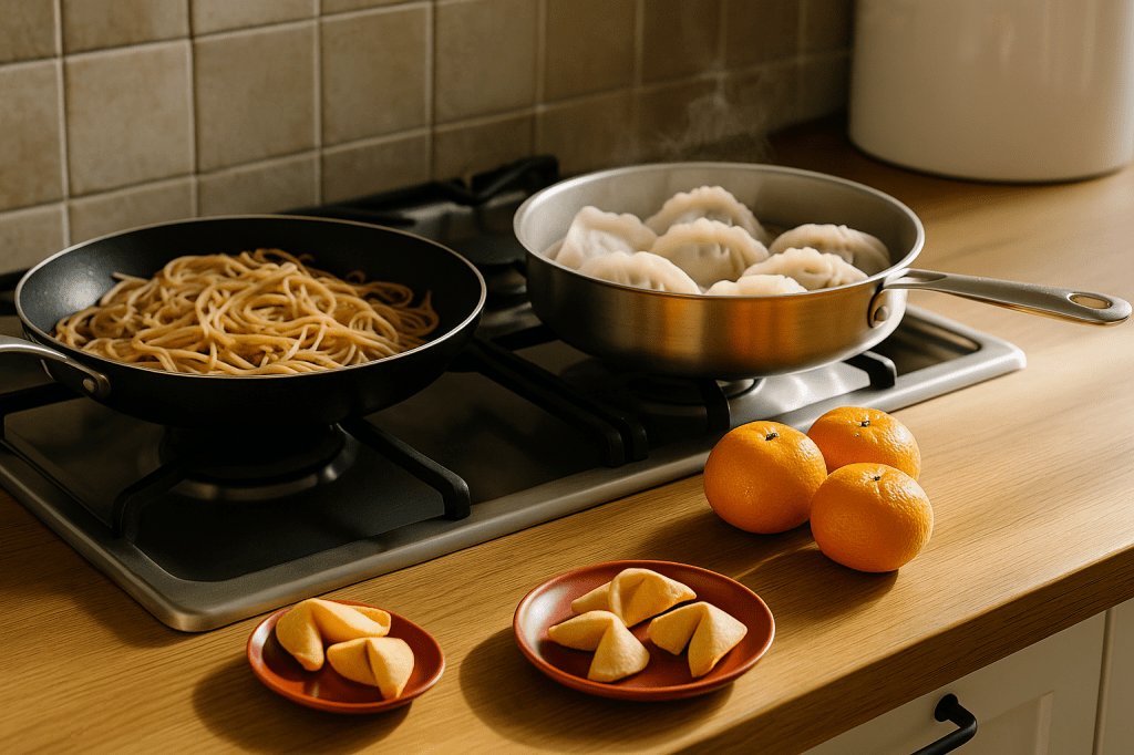 Meal prep in the kitchen with dumplings, noodles, mandarins, and fortune cookies symbolizing Lunar New Year traditions.