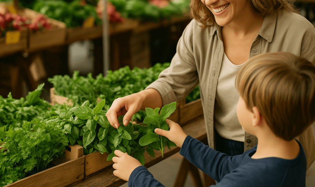 Parent and child choosing fresh herbs and greens at a local market during spring.
