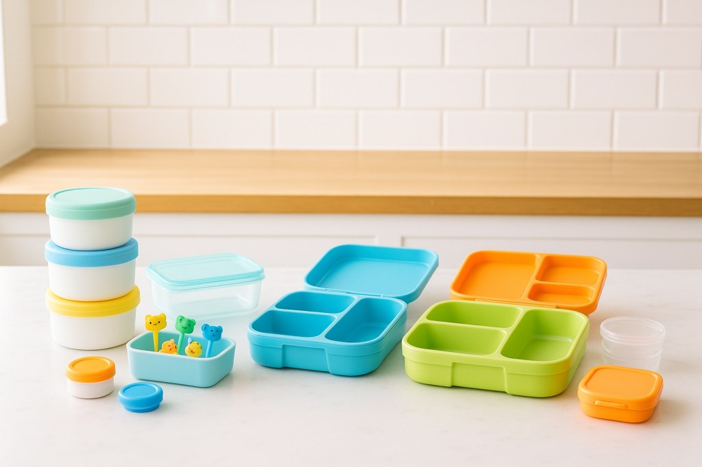 Organized reusable containers, lunch picks, and boxes on a kitchen counter, ready for easy family meal prep.