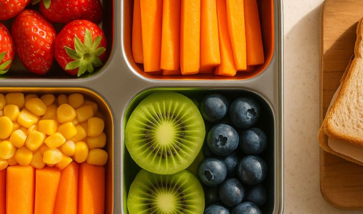 Overhead view of colorful rainbow lunchbox with fruits and veggies arranged by color — strawberries, carrots, corn, kiwi, and blueberries.