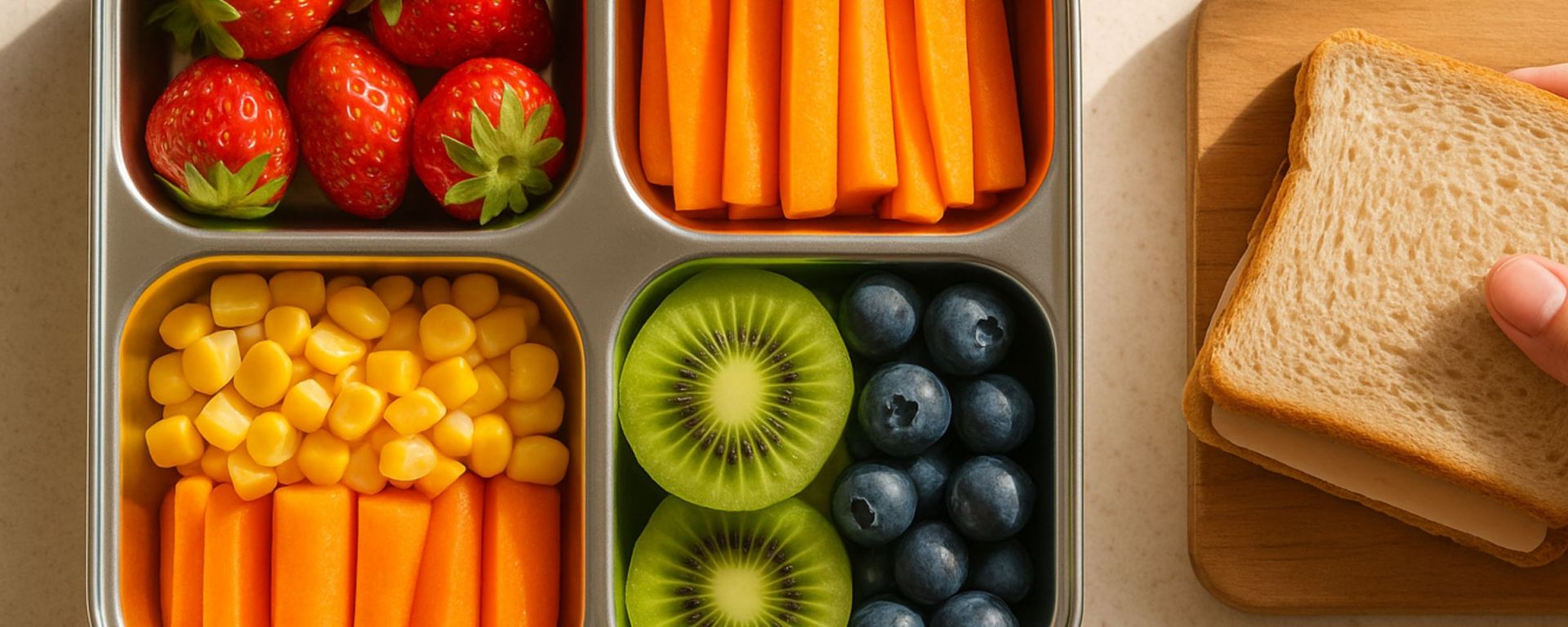 Overhead view of colorful rainbow lunchbox with fruits and veggies arranged by color — strawberries, carrots, corn, kiwi, and blueberries.
