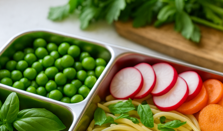 Colorful spring lunchbox with peas, herbs, lemon slices, and greens arranged in a bento box under bright natural light.