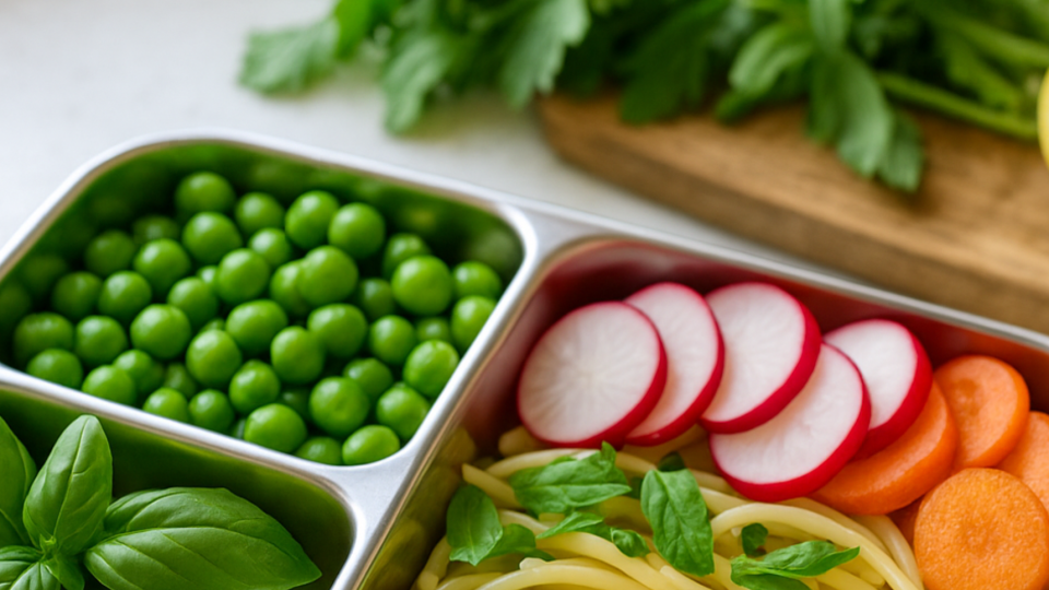 Colorful spring lunchbox with peas, herbs, lemon slices, and greens arranged in a bento box under bright natural light.