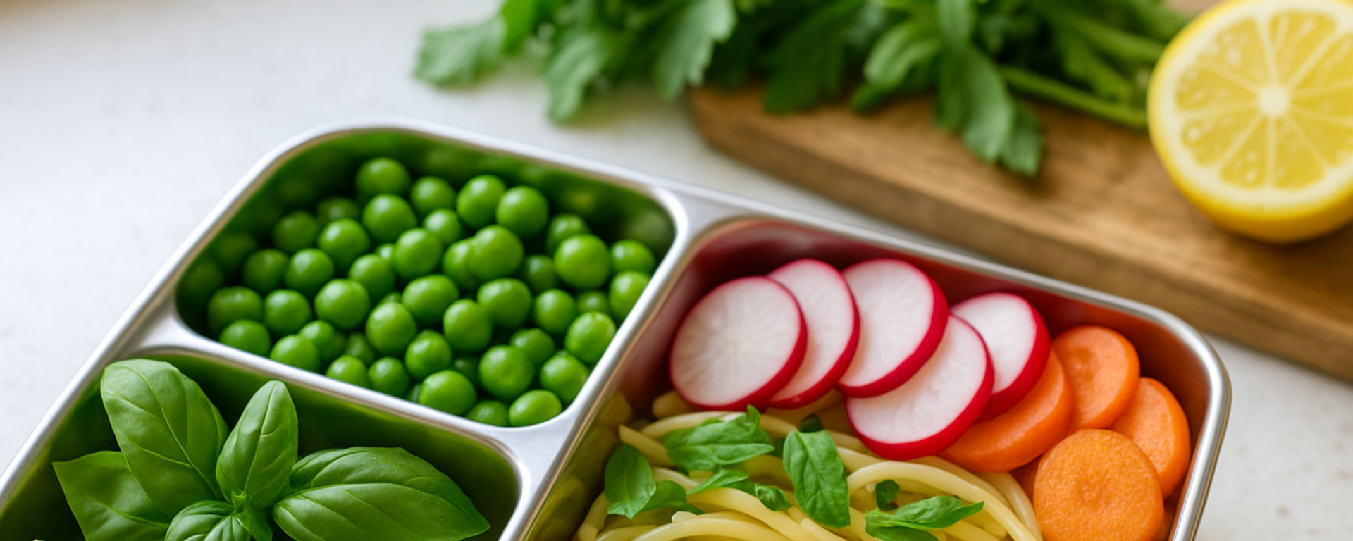 Colorful spring lunchbox with peas, herbs, lemon slices, and greens arranged in a bento box under bright natural light.