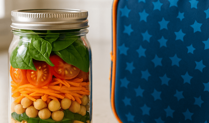 Layered mason jar salad with colorful vegetables, grains, and toppings in bright natural light.