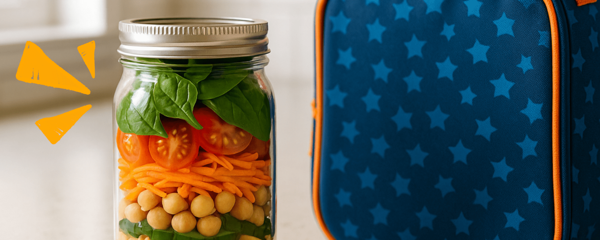 Layered mason jar salad with colorful vegetables, grains, and toppings in bright natural light.