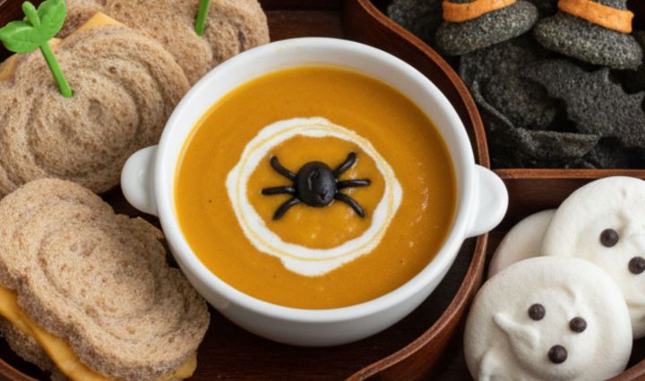 Halloween lunchbox with witch-inspired soup and spooky sandwiches for kids.
