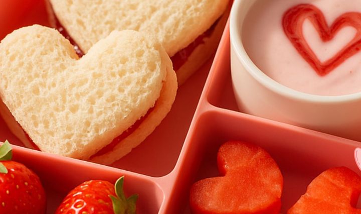 Colorful lunchbox with heart-shaped sandwiches, red fruit, and pink yogurt for a Valentine’s Day school lunch.