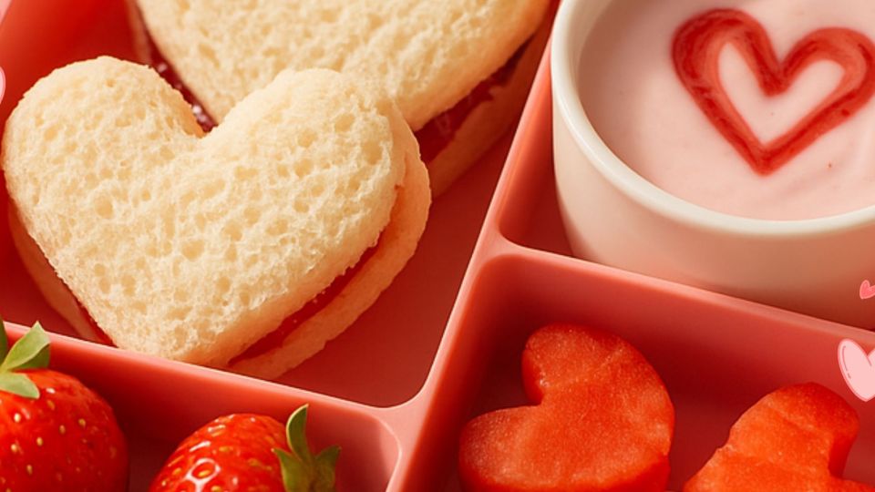 Colorful lunchbox with heart-shaped sandwiches, red fruit, and pink yogurt for a Valentine’s Day school lunch.