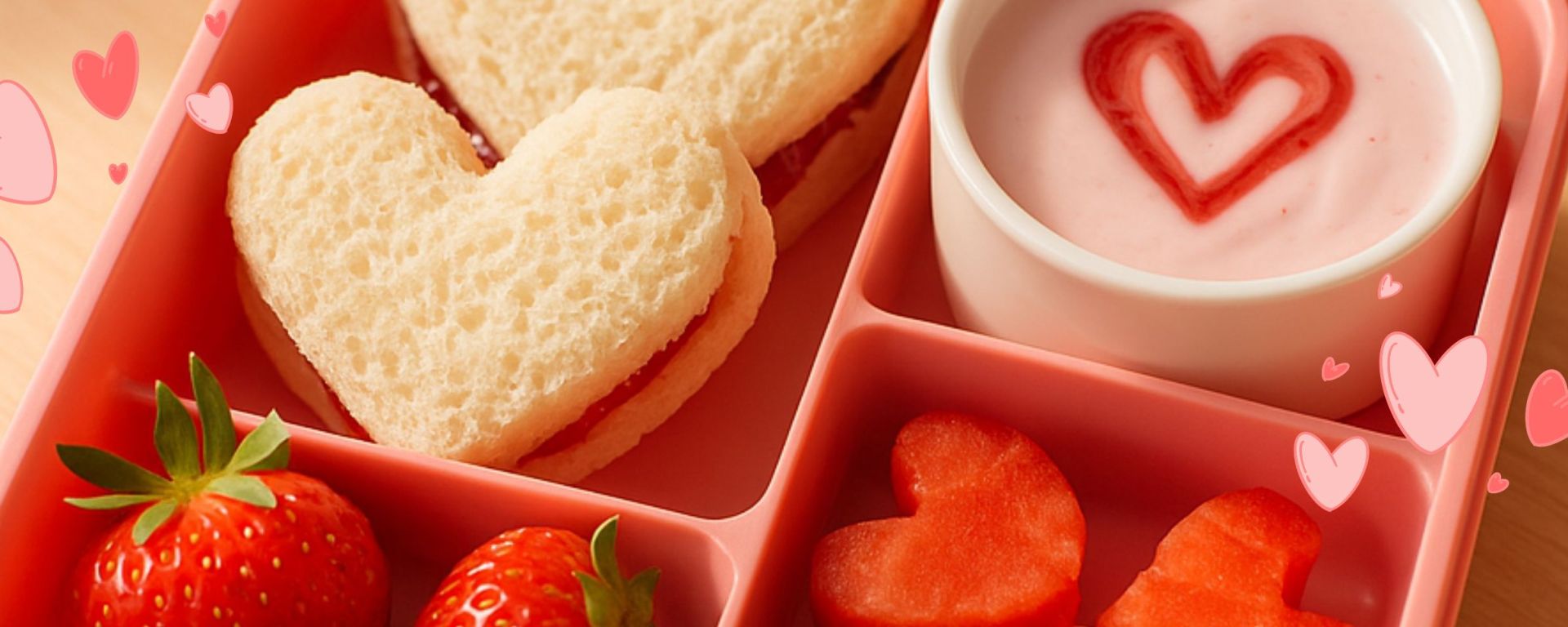 Colorful lunchbox with heart-shaped sandwiches, red fruit, and pink yogurt for a Valentine’s Day school lunch.