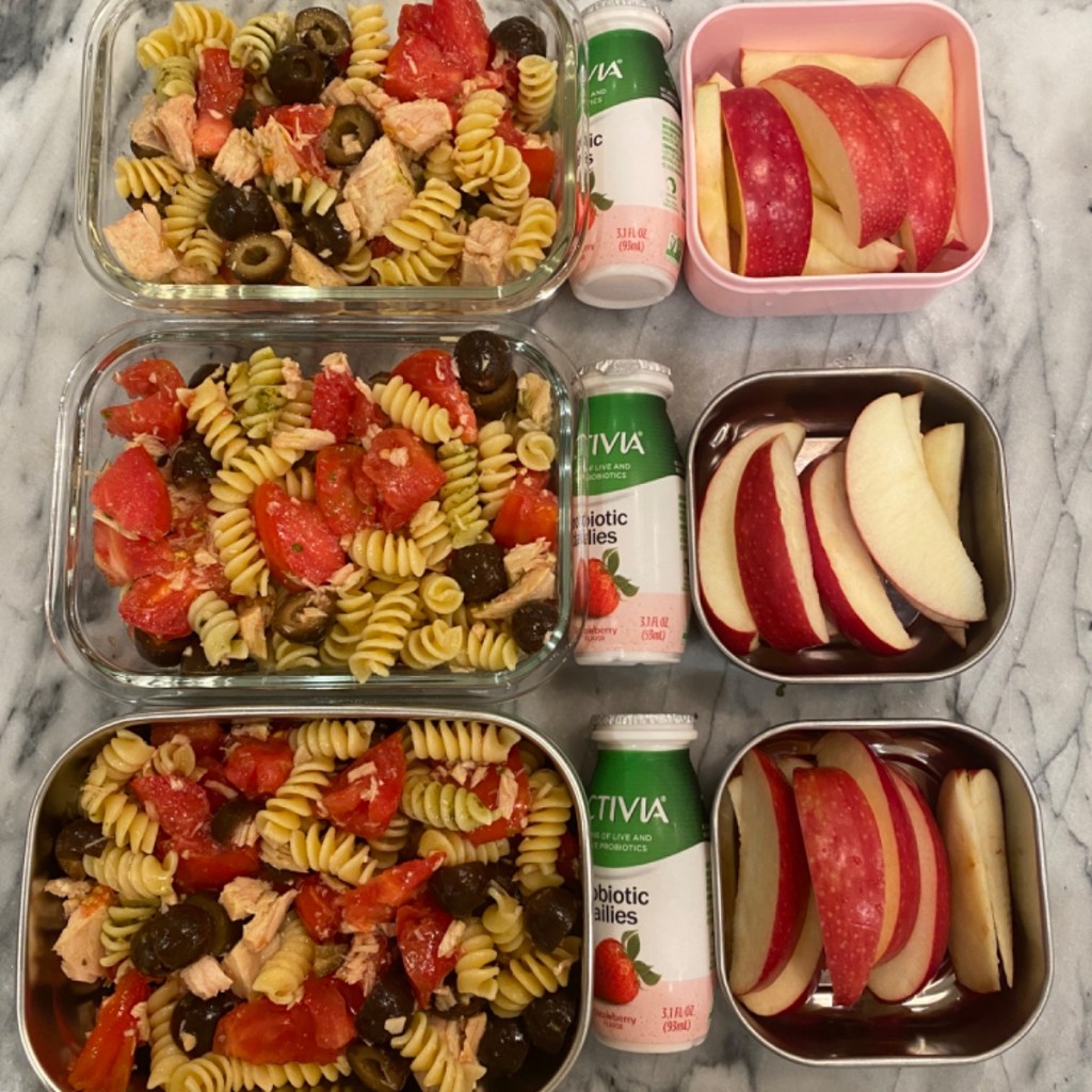 Italian style lunch for kids with pasta salad with tomoatoes and tunia