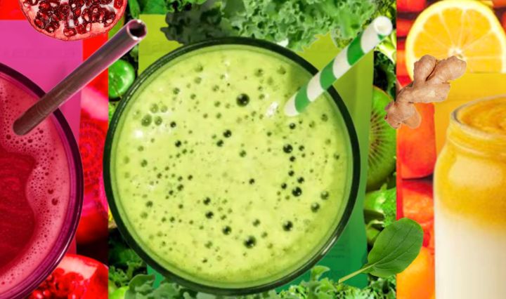 Three vibrant superfood smoothies (beet red, green Super Greens blend, and golden ginger citrus) surrounded by colorful fruits and vegetables.