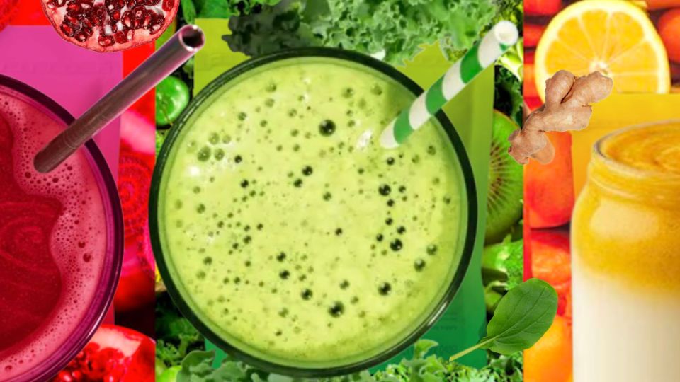Three vibrant superfood smoothies (beet red, green Super Greens blend, and golden ginger citrus) surrounded by colorful fruits and vegetables.