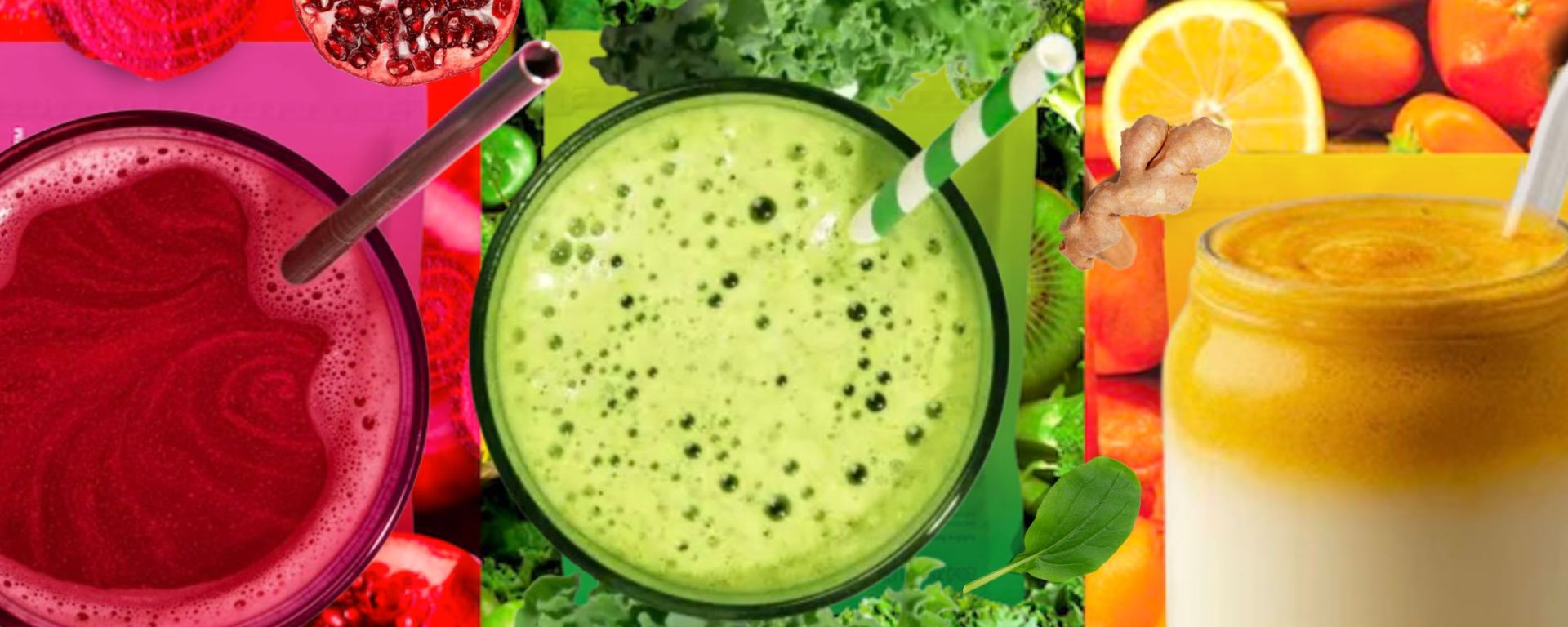 Three vibrant superfood smoothies (beet red, green Super Greens blend, and golden ginger citrus) surrounded by colorful fruits and vegetables.
