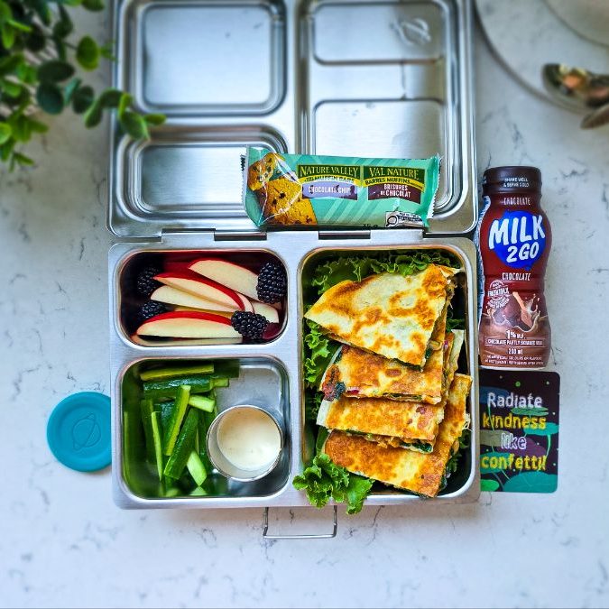Quesadillas in a stainless steel bento lunchbox for a kid's first day at school