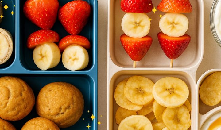 A colorful collection of banana lunchbox ideas including banana sushi, muffins, banana-strawberry skewers, yogurt with blueberries, and banana chips, arranged in bright natural light.
