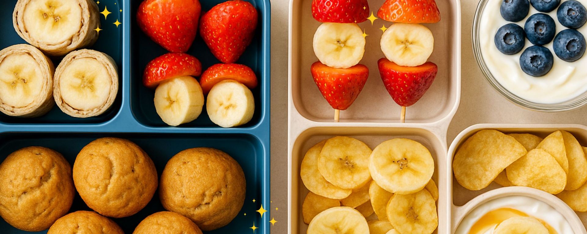 A colorful collection of banana lunchbox ideas including banana sushi, muffins, banana-strawberry skewers, yogurt with blueberries, and banana chips, arranged in bright natural light.
