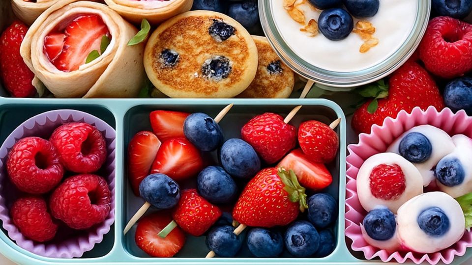 Overhead lunchbox with colorful berries, yogurt parfait, blueberry mini pancakes, and berry skewers in bright natural light.