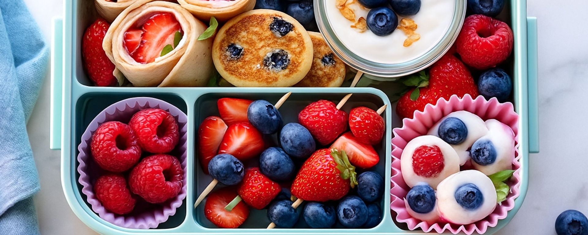 Overhead lunchbox with colorful berries, yogurt parfait, blueberry mini pancakes, and berry skewers in bright natural light.