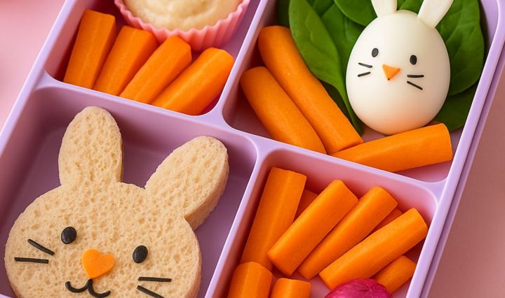 A pastel Easter-themed lunchbox with a bunny-shaped sandwich, carrot sticks, a boiled egg bunny, and a small chocolate egg, arranged in natural daylight.
