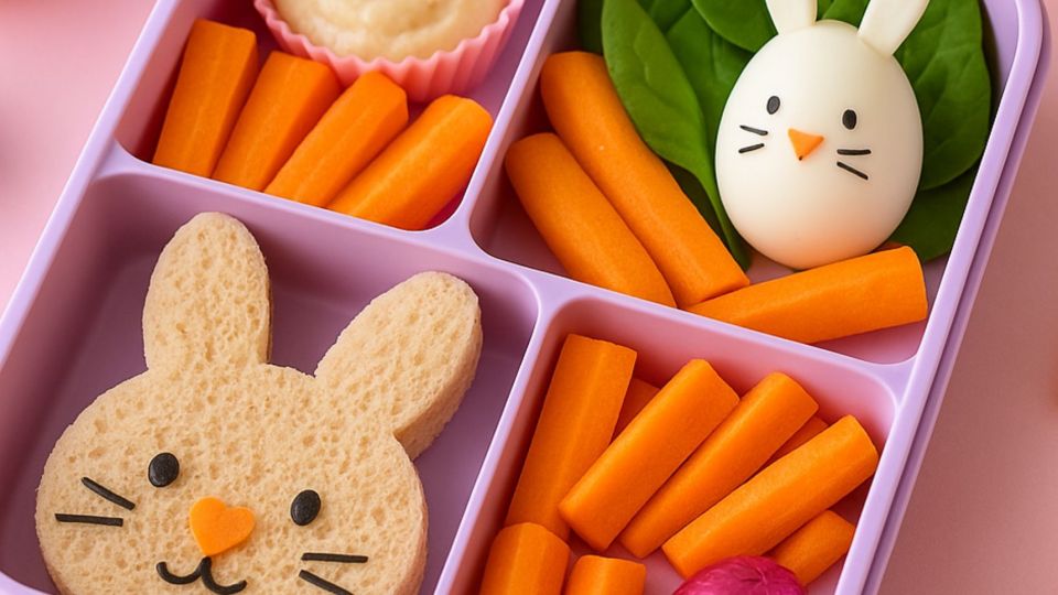 A pastel Easter-themed lunchbox with a bunny-shaped sandwich, carrot sticks, a boiled egg bunny, and a small chocolate egg, arranged in natural daylight.