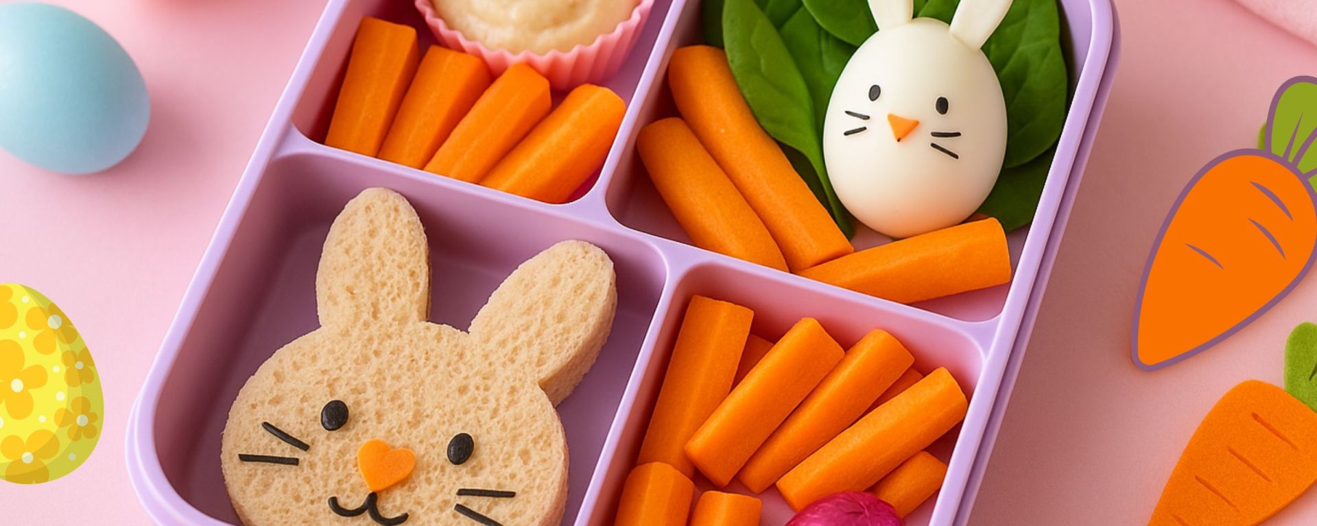 A pastel Easter-themed lunchbox with a bunny-shaped sandwich, carrot sticks, a boiled egg bunny, and a small chocolate egg, arranged in natural daylight.