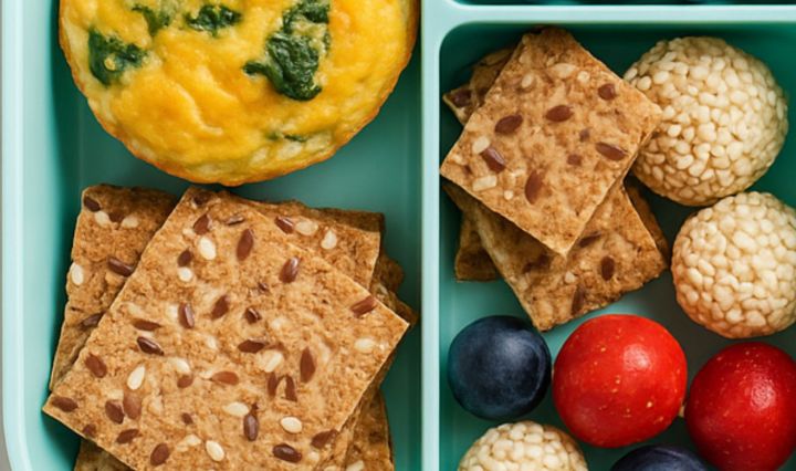 Lunchbox with egg muffins, blueberries, whole-grain crackers, and seed bites arranged in a clean, studious layout.