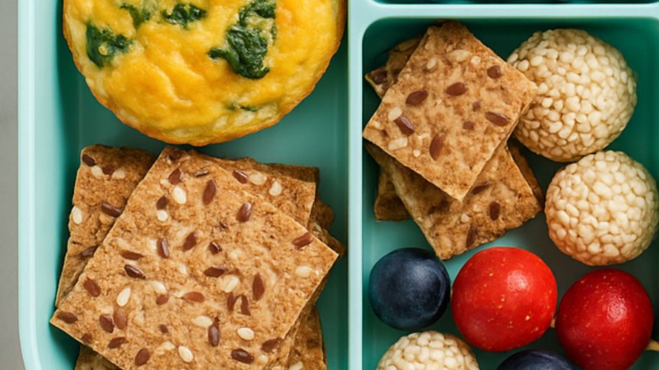Lunchbox with egg muffins, blueberries, whole-grain crackers, and seed bites arranged in a clean, studious layout.
