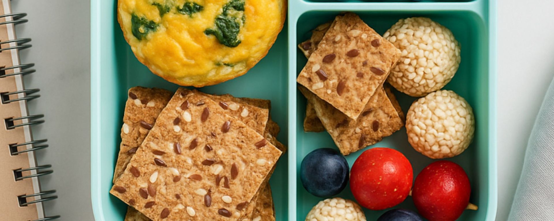 Lunchbox with egg muffins, blueberries, whole-grain crackers, and seed bites arranged in a clean, studious layout.