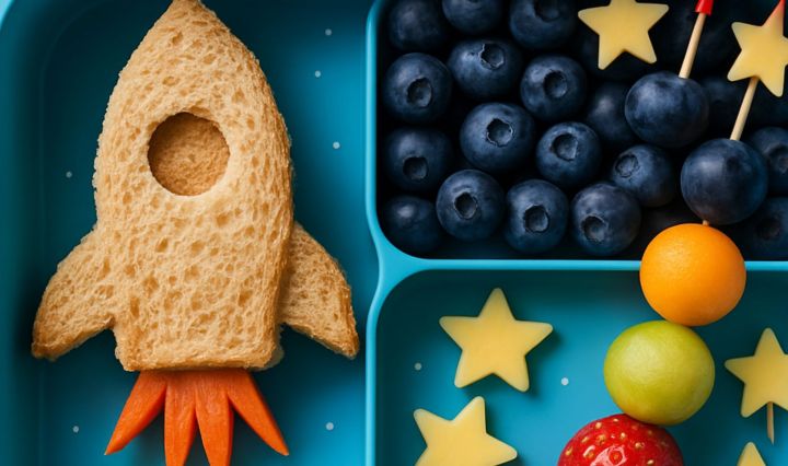 Space-themed lunchbox with a rocket-shaped sandwich, blueberries arranged like a galaxy, star-shaped cheese pieces, and colorful fruit skewers in a blue bento box on a starry background.