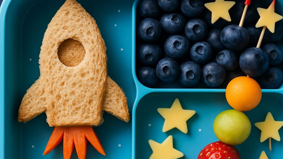 Space-themed lunchbox with a rocket-shaped sandwich, blueberries arranged like a galaxy, star-shaped cheese pieces, and colorful fruit skewers in a blue bento box on a starry background.