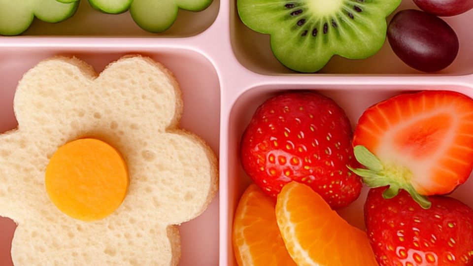 Spring-themed lunchbox with a flower-shaped sandwich, cucumber slices arranged as flowers, kiwi flower, strawberries, mandarin slices, and grapes in a pastel bento box.