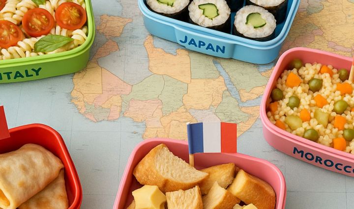 Five international lunchboxes inspired by Italy, Japan, Mexico, France, and Morocco, displayed on a world map background.