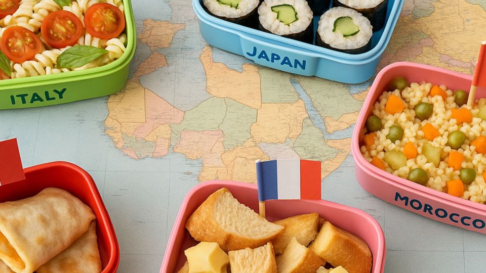 Five international lunchboxes inspired by Italy, Japan, Mexico, France, and Morocco, displayed on a world map background.