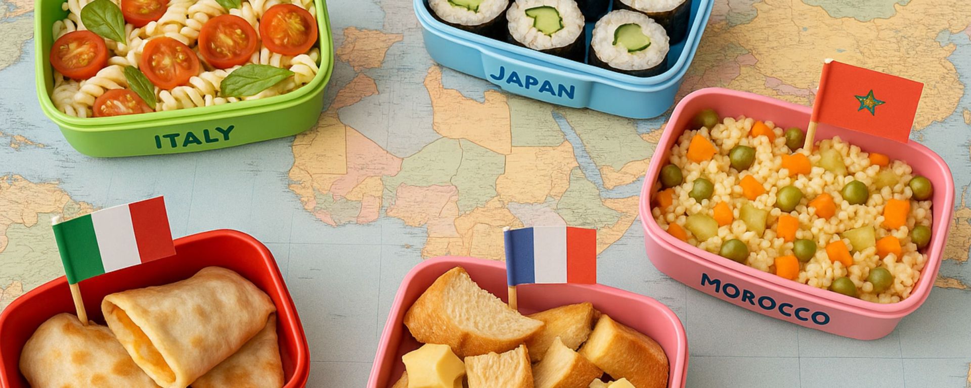 Five international lunchboxes inspired by Italy, Japan, Mexico, France, and Morocco, displayed on a world map background.